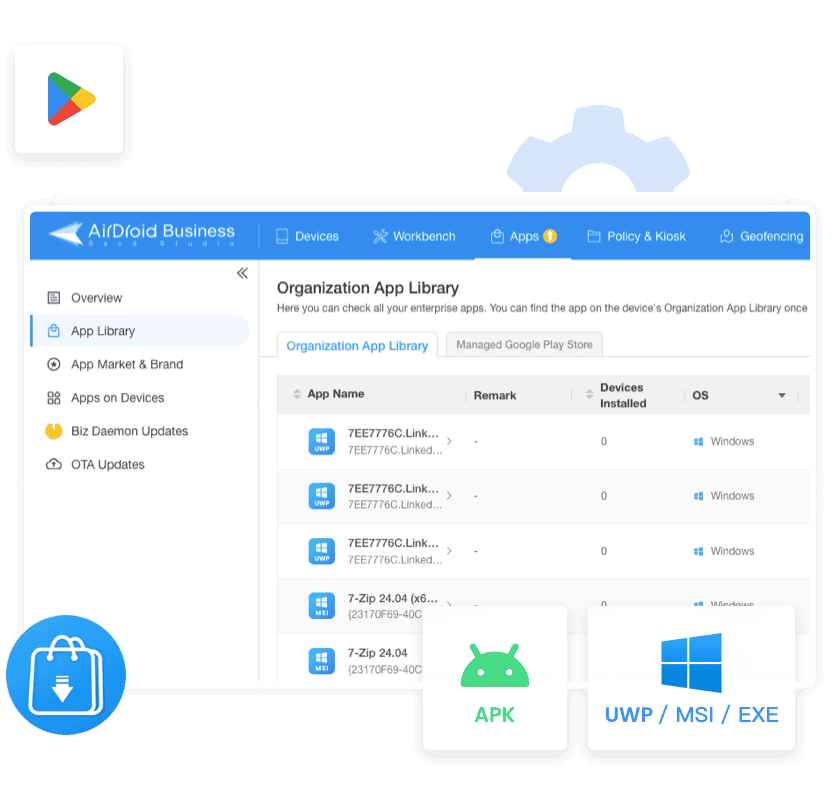 Gerenciamento de aplicativos de suporte do AirDroid Business a partir da loja e aplicativos personalizados