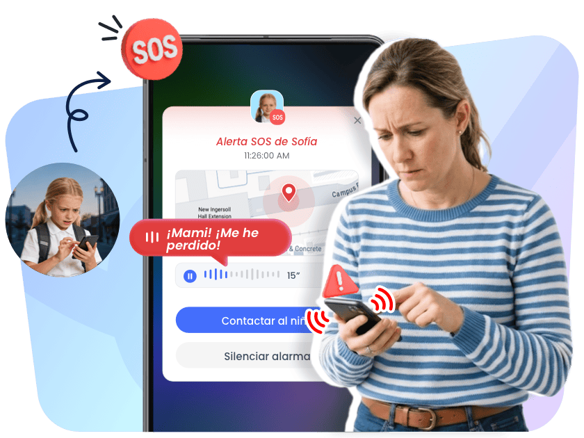 Padre o madre recibiendo la alerta SOS de su hijo con ubicación en tiempo real y audio de 15 segundos en AirDroid Parental Control