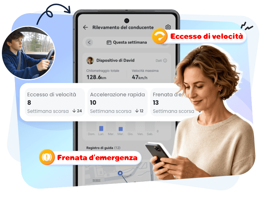 Genitore che esamina i dettagli del viaggio e gli avvisi sulla guida dell'adolescente